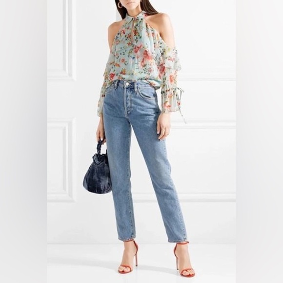 ALICE + OLIVIA BLAYNE FLORAL COLD SHOULDER SILK TOP FLORAL SOIREE DUSTY AQUA M - Picture 1 of 9